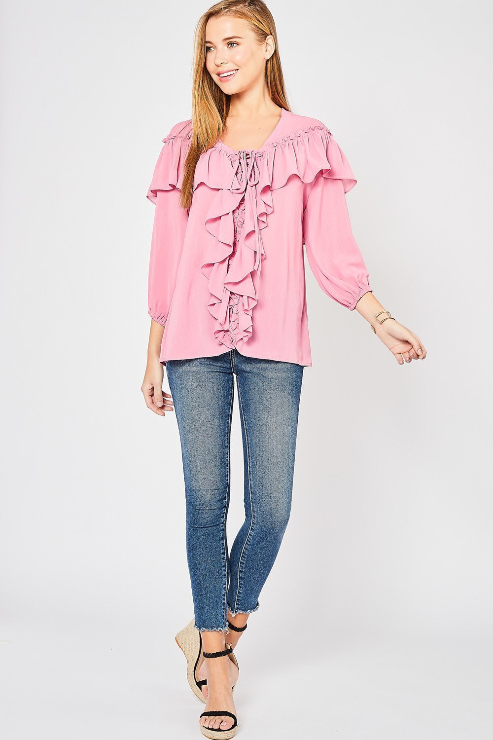 Romantic Ruffle Lace-Up Blouse by Entro