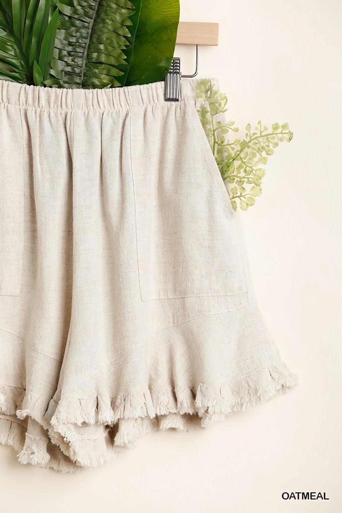 Ruffle-Trim Linen Shorts with Elastic Waist by Umgee
