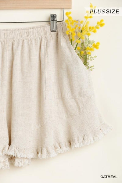 Ruffle-Trim Linen Shorts with Elastic Waist in Plus Size by Umgee