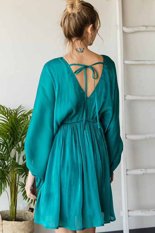 Satin Dolman Sleeve Emerald Mini Dress in Plus by Jodifl Clothing