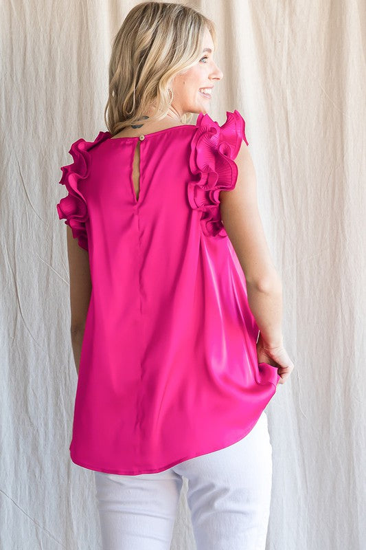 Satin Frill Shoulder Top in Plus Size by Jodifl Clothing