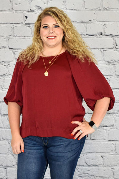 Satin High Low Hem Blouse with Half Balloon Sleeves in Plus Size by Umgee Clothing
