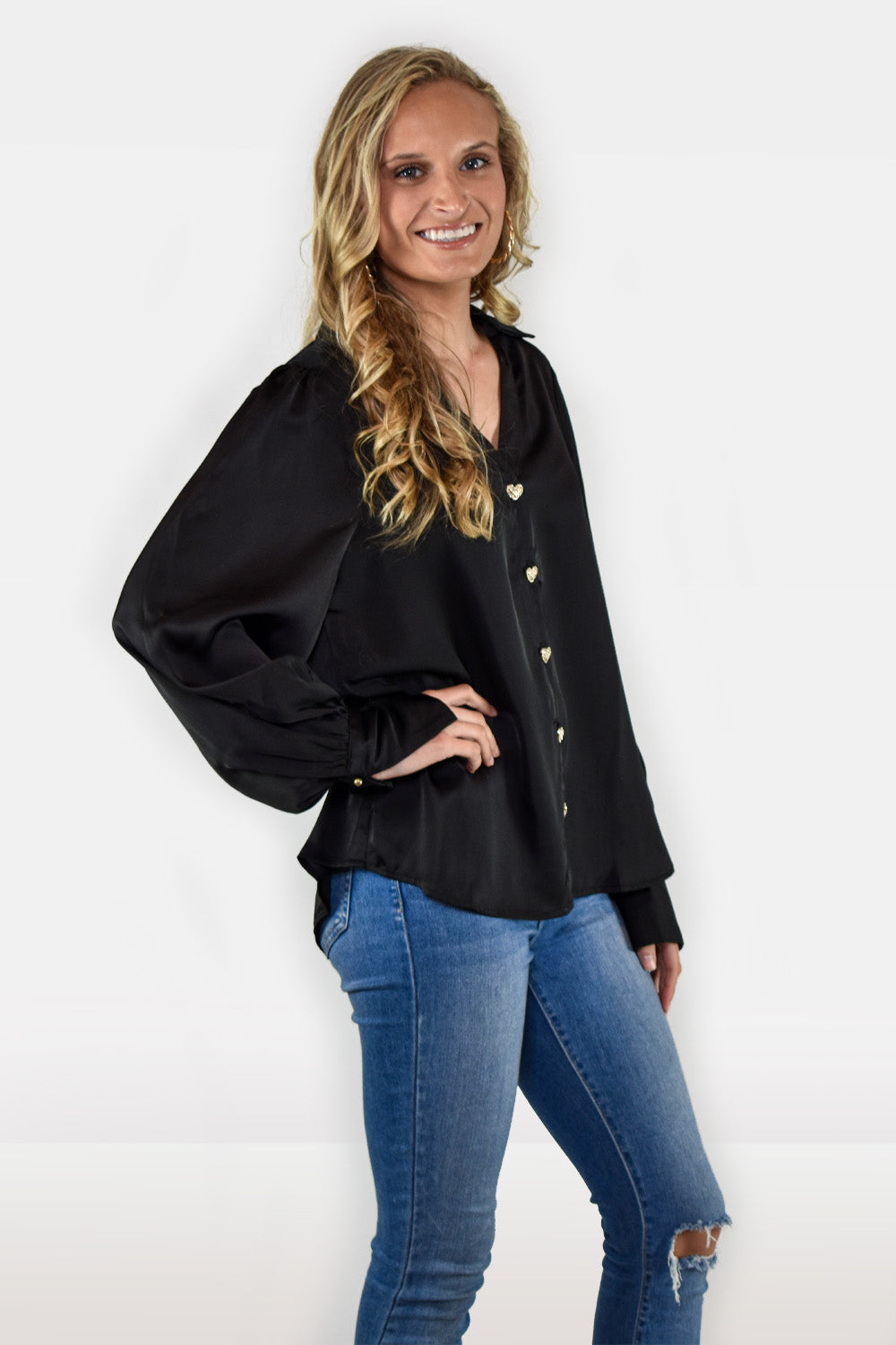 Satin Long Sleeve Blouse with Heart Shaped Buttons by Entro Clothing