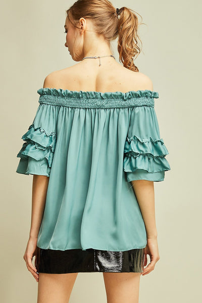 Satin Off the Shoulder Ruffle Top by Entro