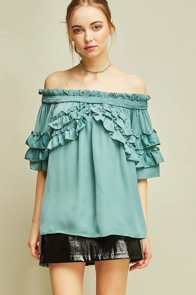 Satin Off the Shoulder Ruffle Top by Entro