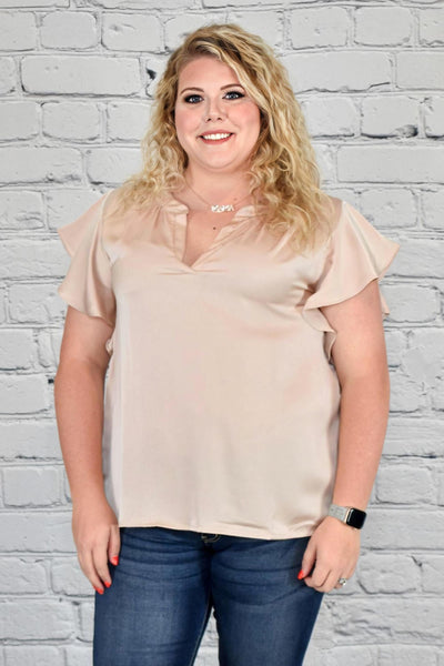 Satin Split V-Neck Ruffle Sleeve Top in Plus Size by Umgee Clothing