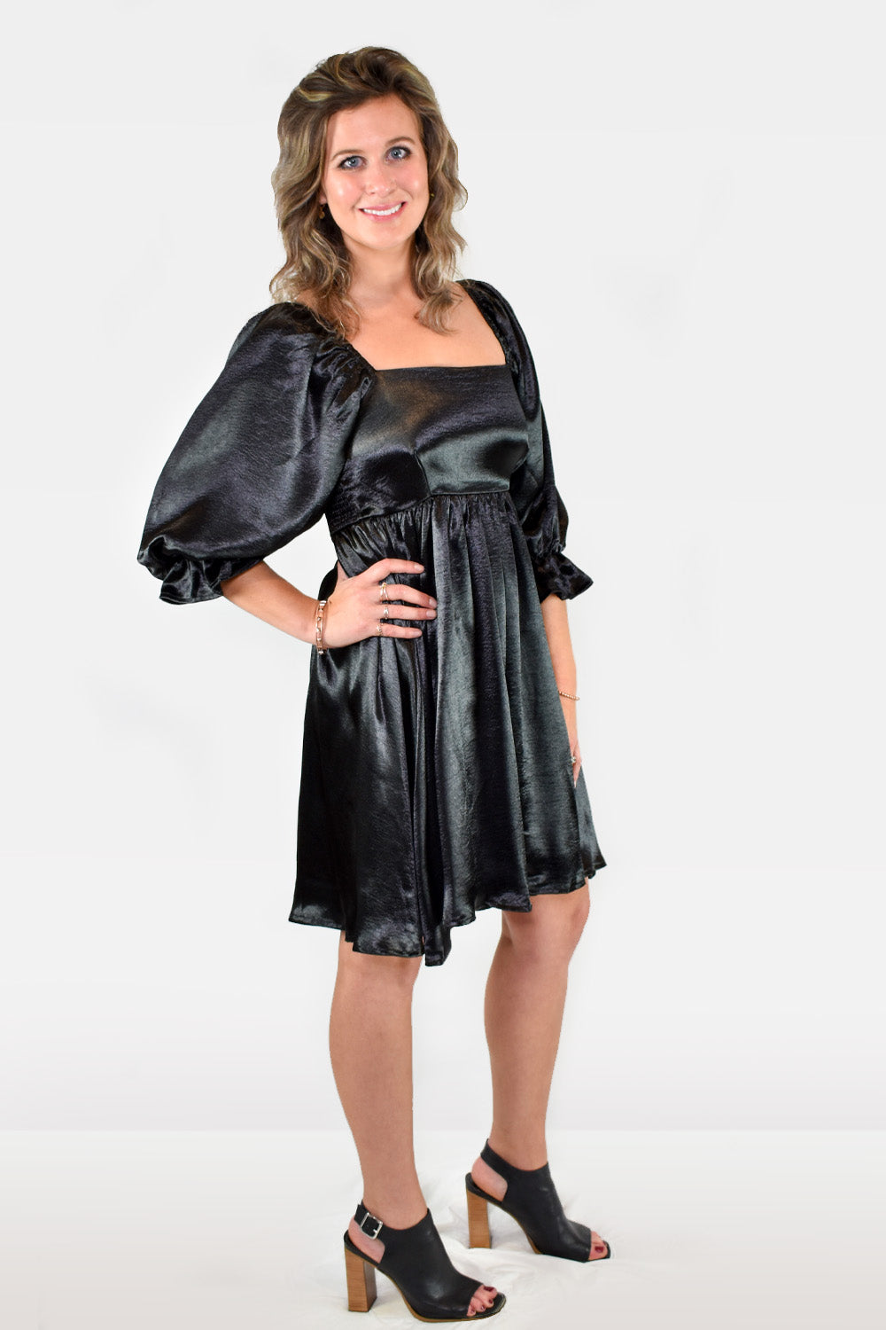 knee length dresses for ladies Bramble Port Satin Square-Neck Puffball Mini Dress – Club L London main image 1