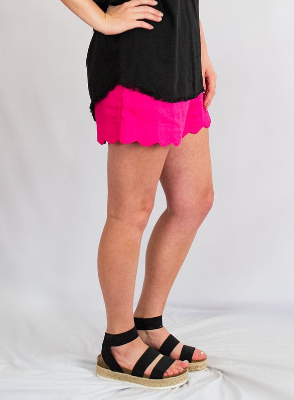 Scallop Hem Elastic Waist Linen Shorts with Pockets by Umgee Clothing