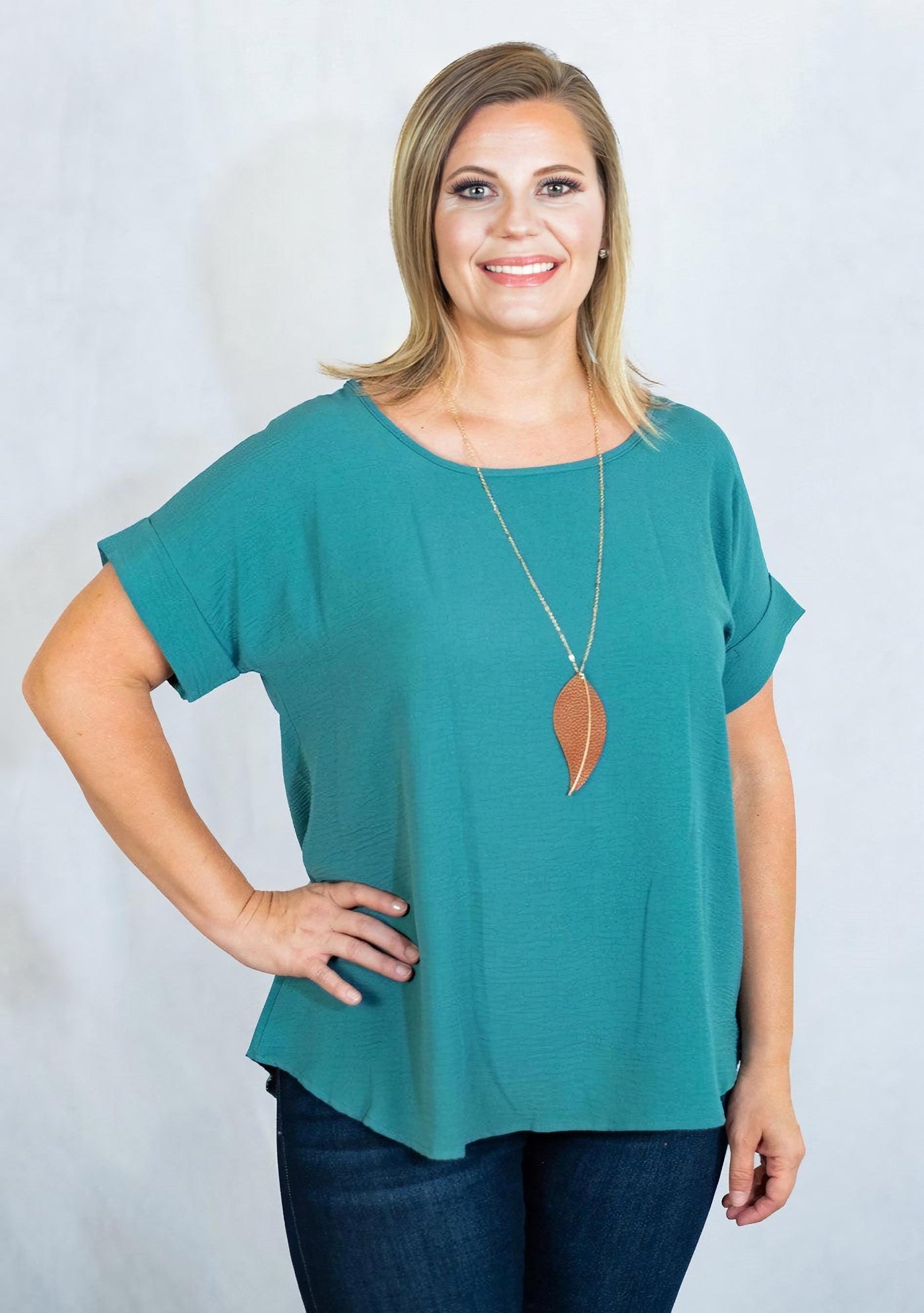 Scooped Neck Top with Rolled Sleeves by Entro