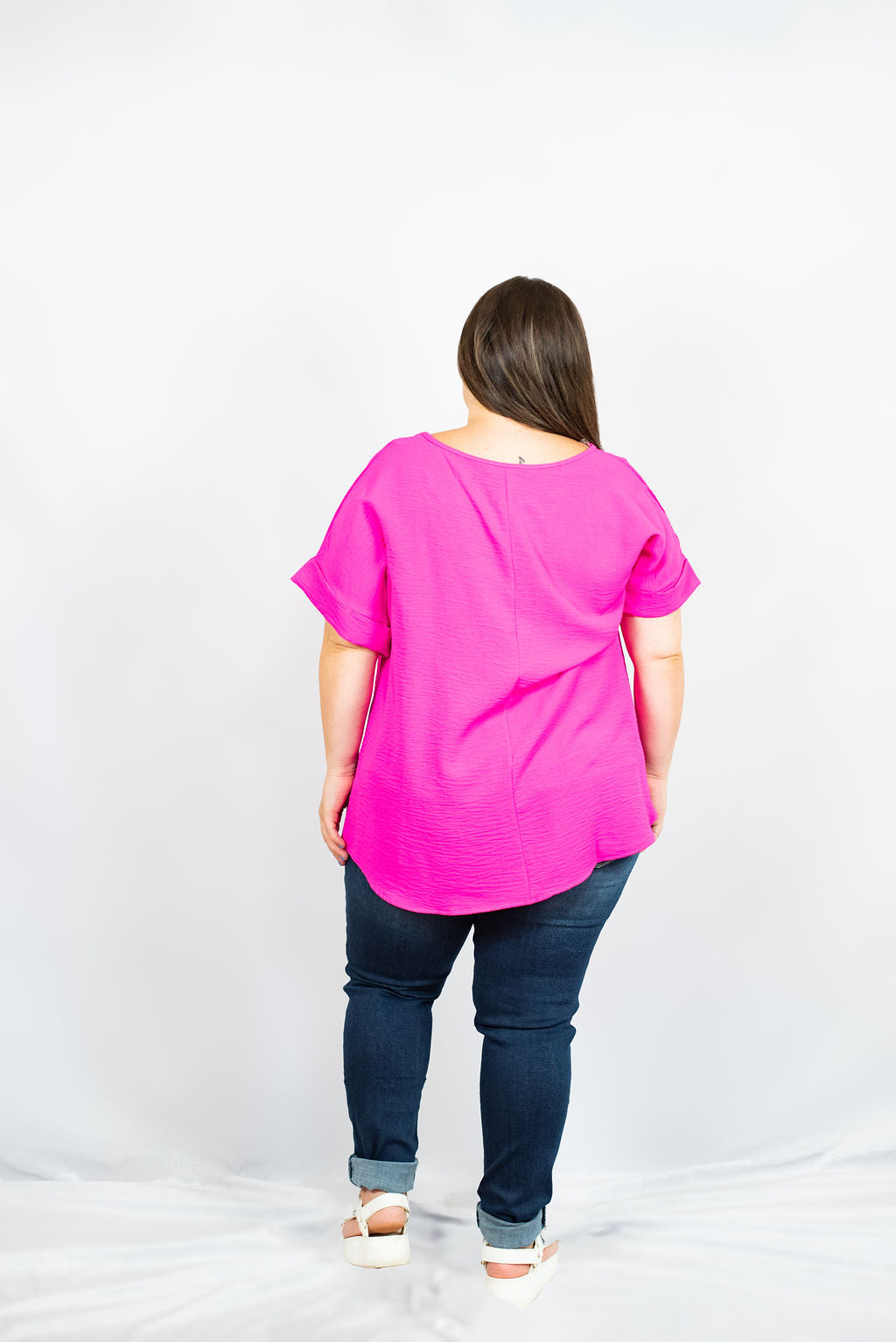 Scooped Neck Top with Rolled Sleeves in Plus by Entro