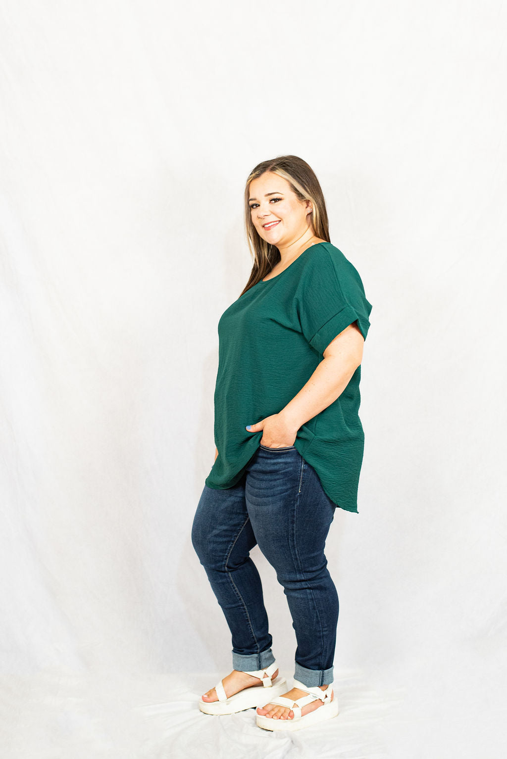 Scooped Neck Top with Rolled Sleeves in Plus by Entro