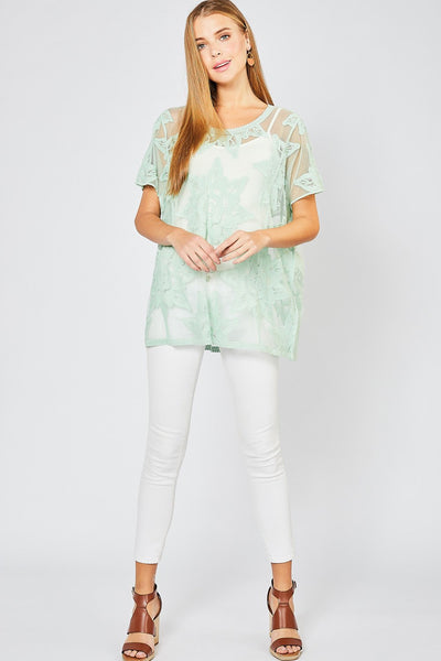 Sheer Floral Crochet Lace Tunic Top by Entro