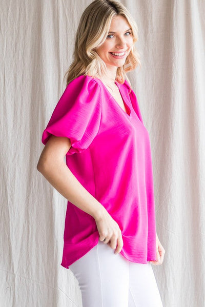 Short Puff Bubble Sleeve V-Neck Blouse by Jodifl Clothing