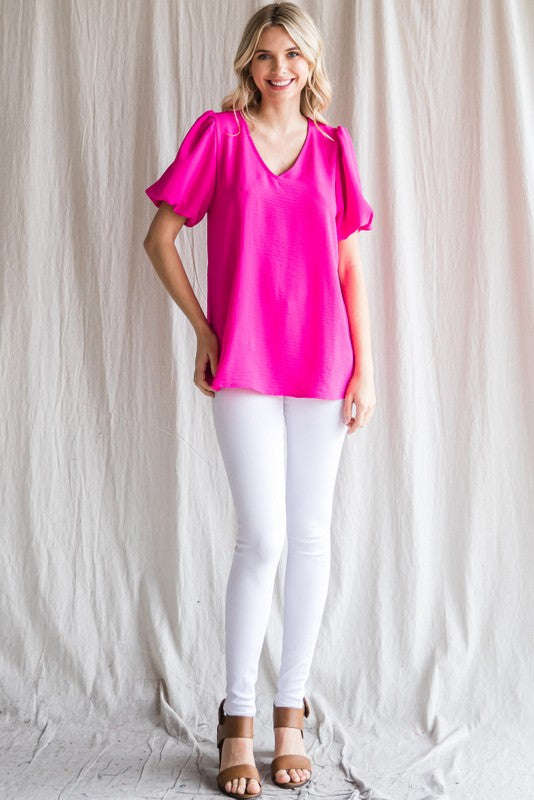 Jodifl Clothing Short Puff Bubble Sleeve V-Neck Blouse
