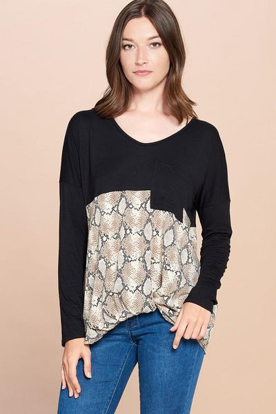 Snake Print Color Block Top with Twist Front Detail by Oddi