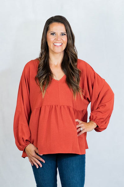 Solid Babydoll Top with Long Balloon Sleeves by Entro Clothing