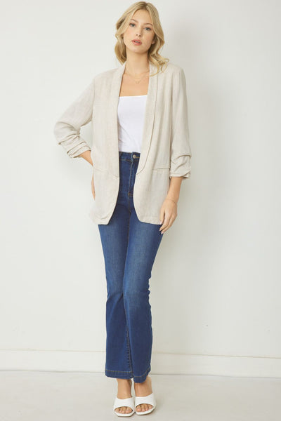 Solid Blazer Jacket with Shirred Detail Sleeve by Entro Clothing