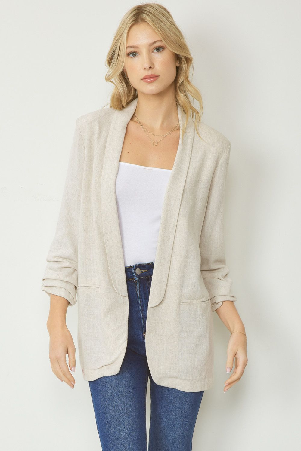 Entro Clothing Solid Blazer Jacket with Shirred Detail Sleeve ...