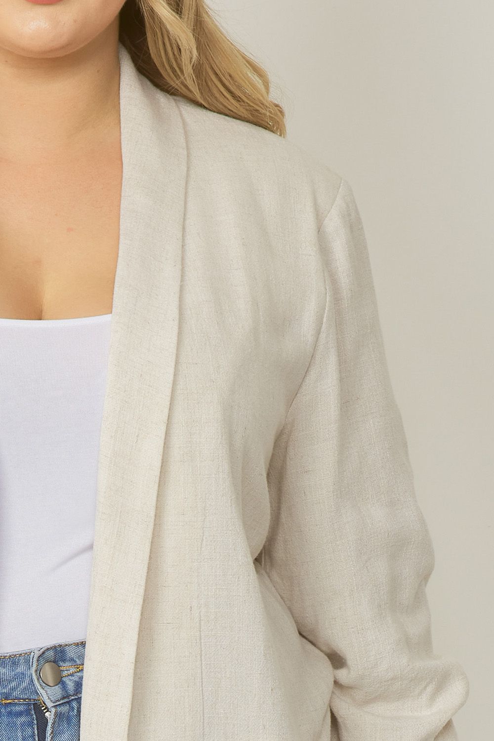 Solid Blazer Jacket with Shirred Detail Sleeve in Plus Size by Entro Clothing