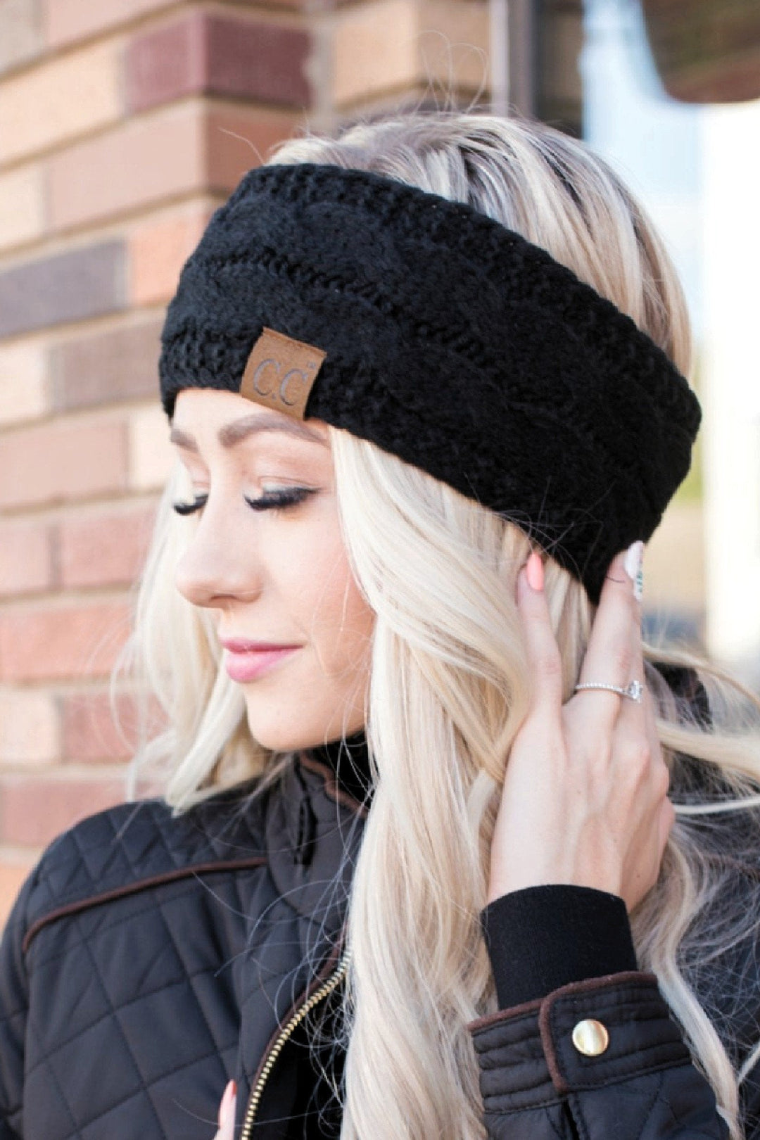C.C Beanie With Bun Hole & Touchscreen Gloves Set - Cable Knit, One Size