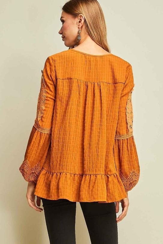 Solid Plisse Crochet Peasant Tunic Top by Entro