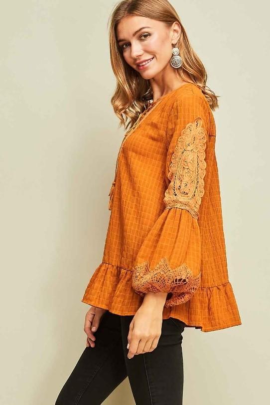 Solid Plisse Crochet Peasant Tunic Top by Entro