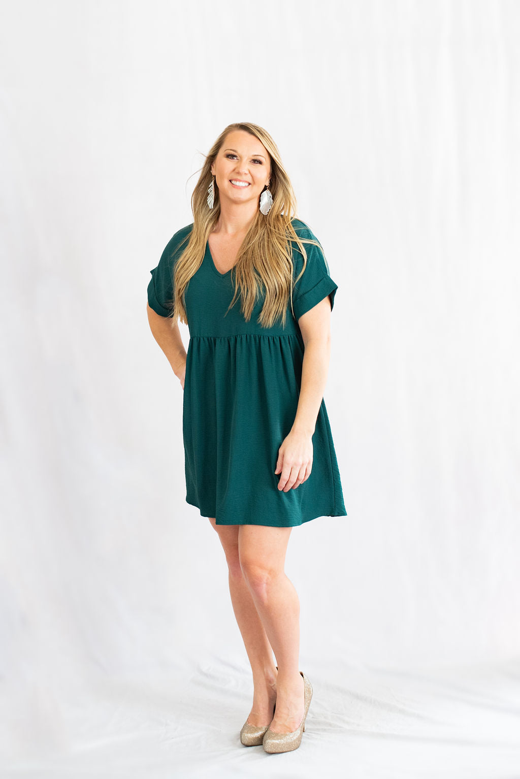 Entro Clothing Solid Rolled Sleeve Basic Babydoll Dress S / Hunter Green