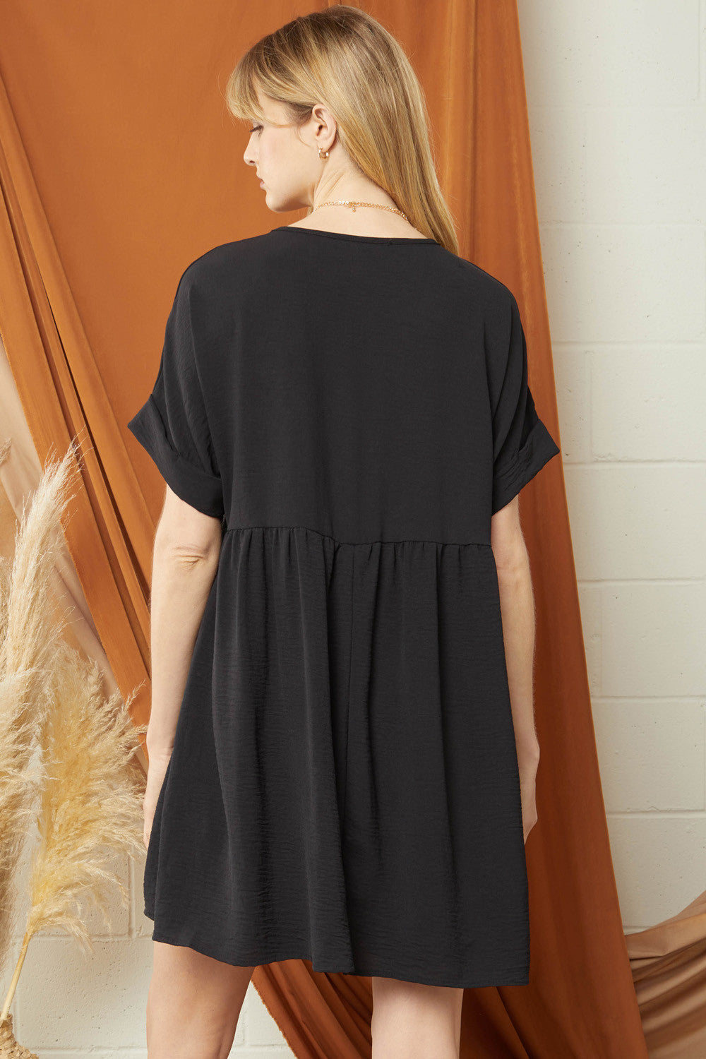 Solid Rolled Sleeve Basic Babydoll Dress by Entro Clothing