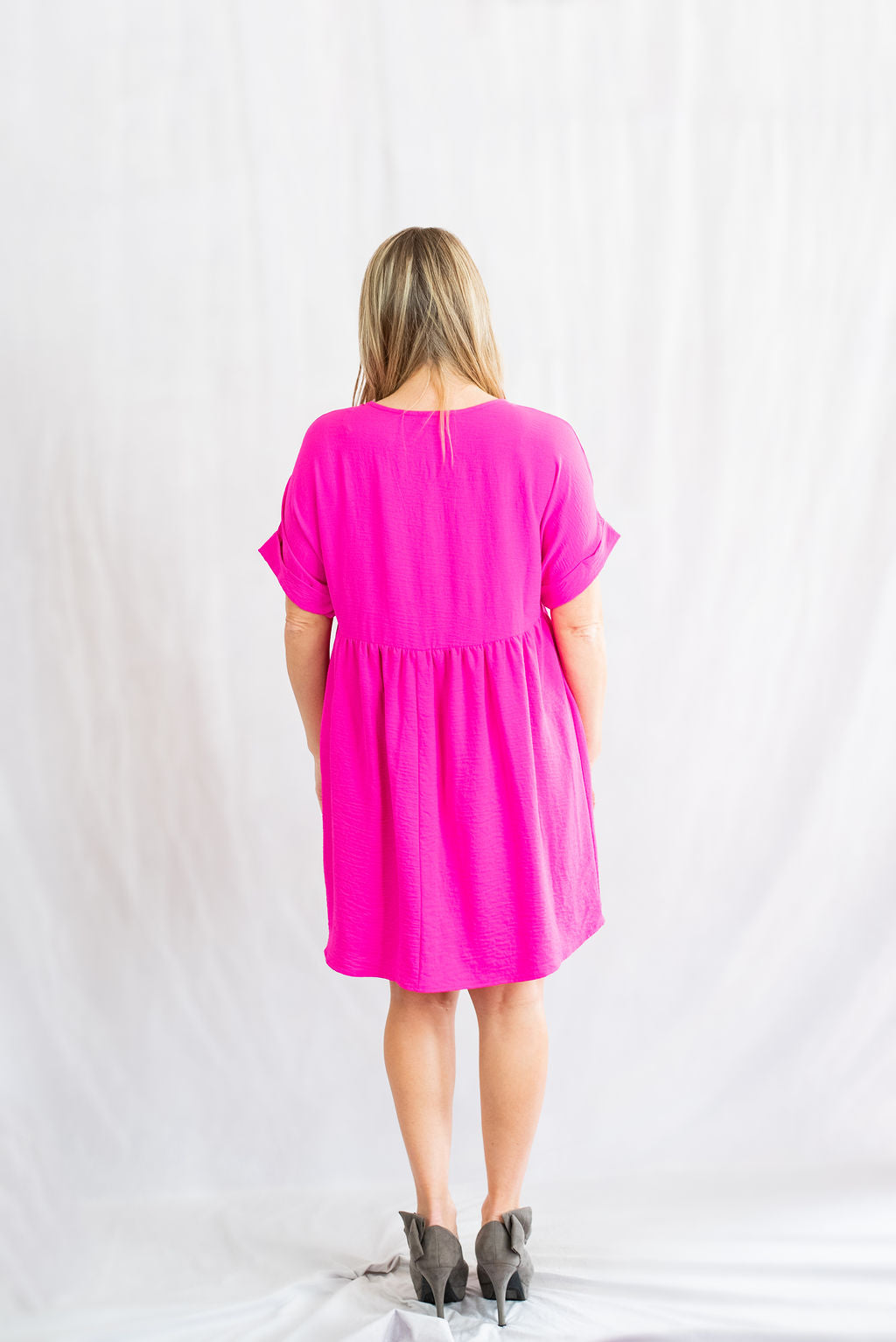 Solid Rolled Sleeve Basic Babydoll Dress by Entro Clothing