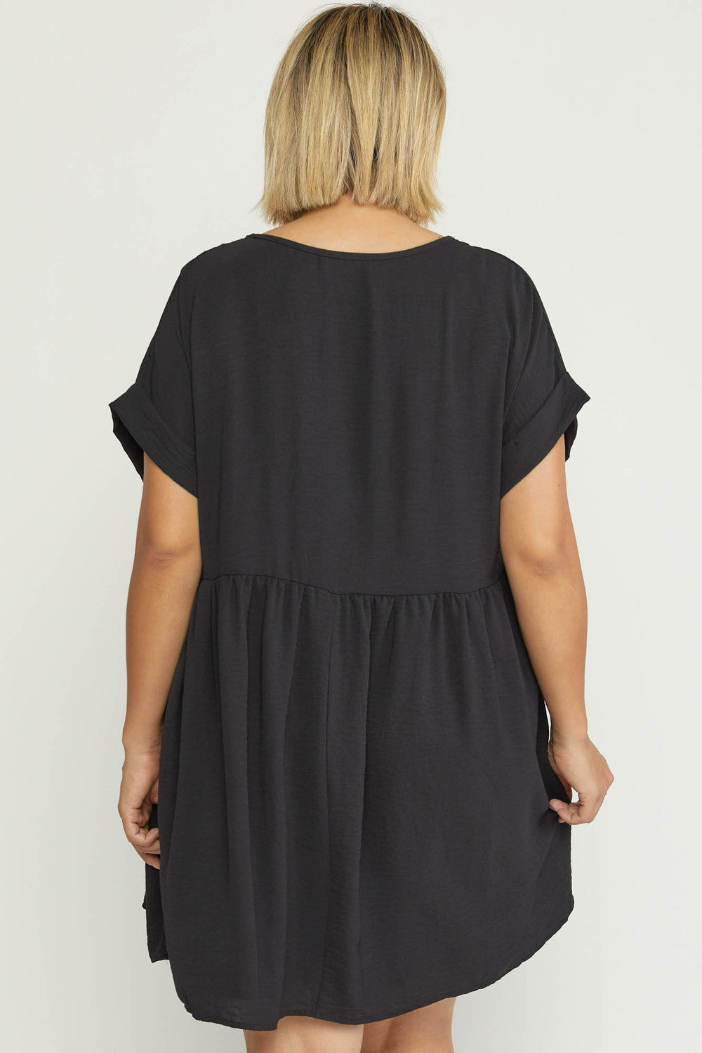 Solid Rolled Sleeve Basic Babydoll Dress in Plus Size by Entro Clothing