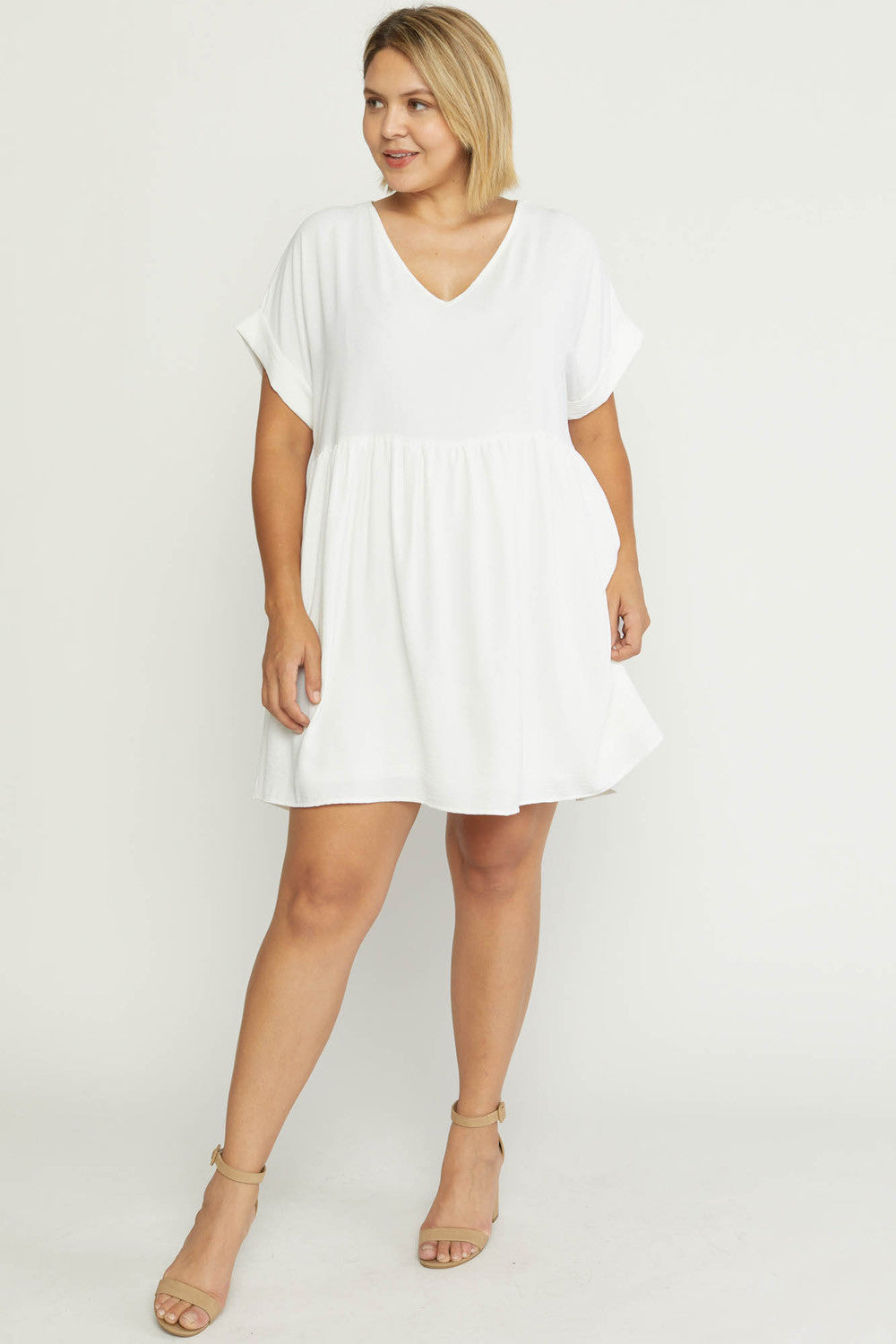 Entro Clothing Plus Size Solid Rolled Sleeve Basic Babydoll Dress XL / Off White