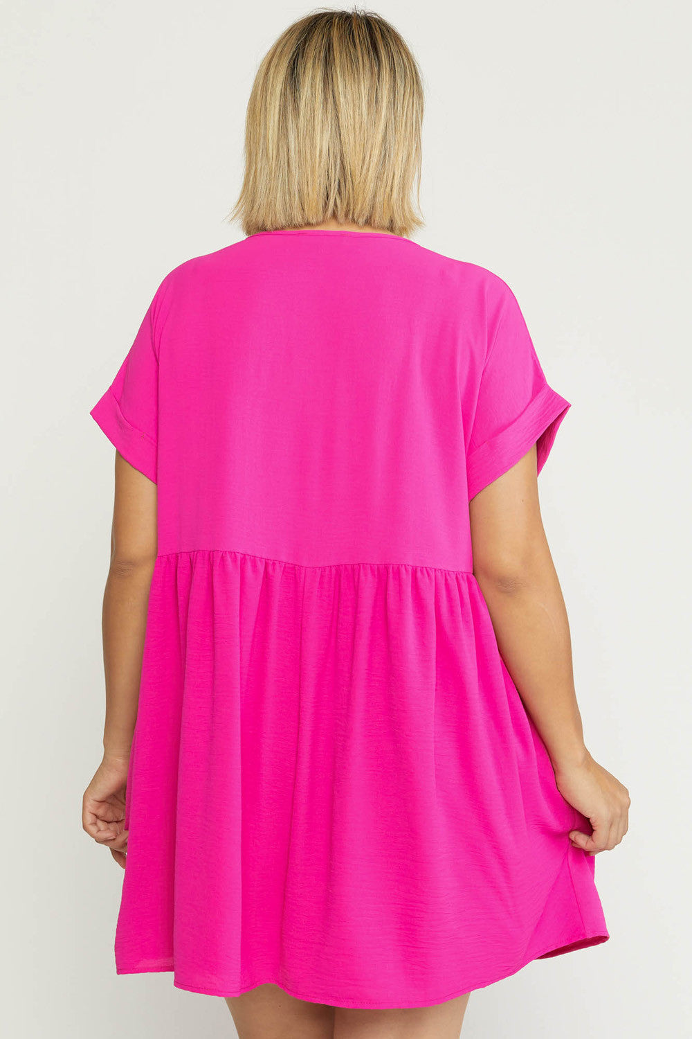 Entro Clothing Plus Size Solid Rolled Sleeve Basic Babydoll Dress