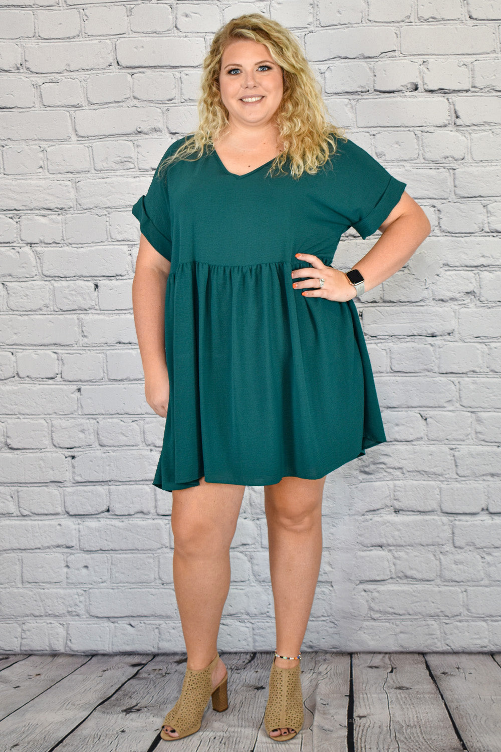 Solid Rolled Sleeve Basic Babydoll Dress in Plus Size by Entro Clothing