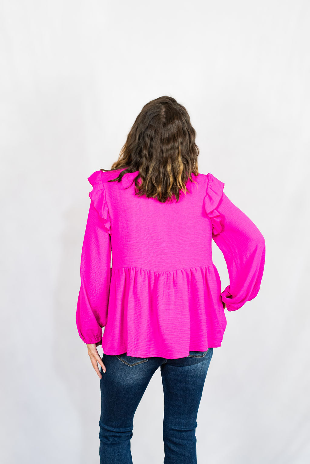 Solid Ruffle Shoulder Bubble Sleeve Peplum Top by Jodifl Clothing