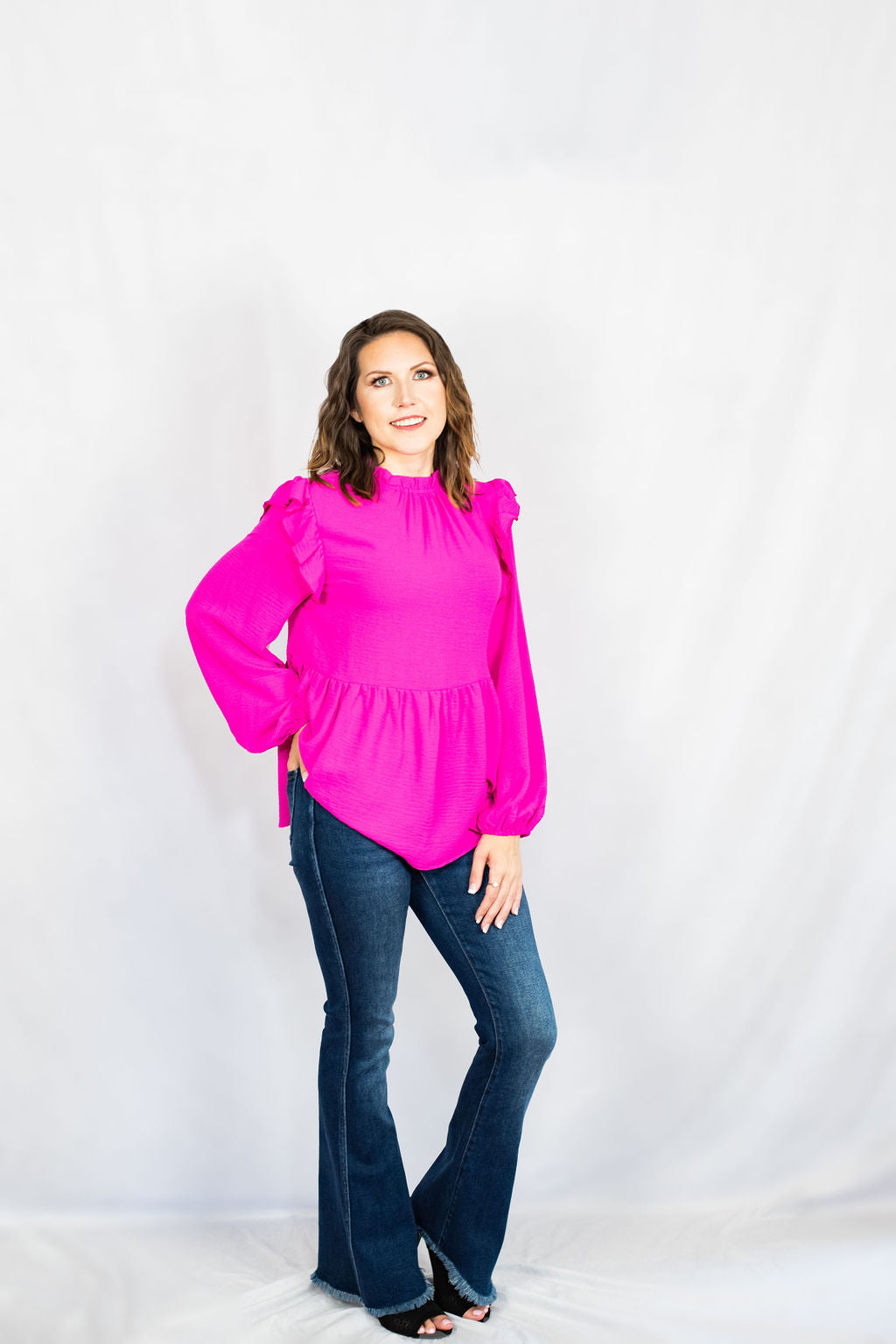 Solid Ruffle Shoulder Bubble Sleeve Peplum Top by Jodifl Clothing