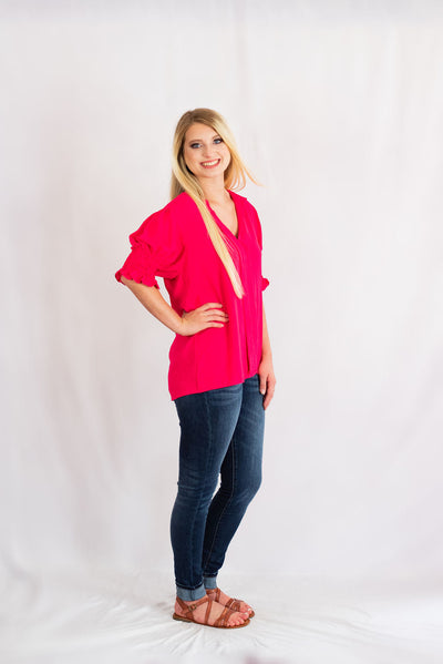 Split V-Neck Blouse with Smocked Puff Sleeves by BiBi Clothing