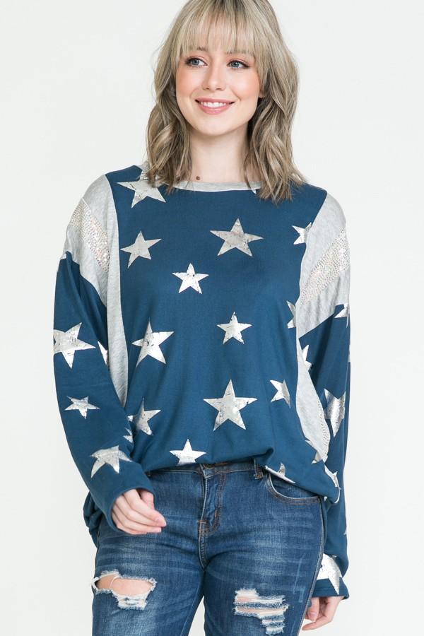 Star Print Sparkly Dolman Sleeve Knit Top by Now and Forever
