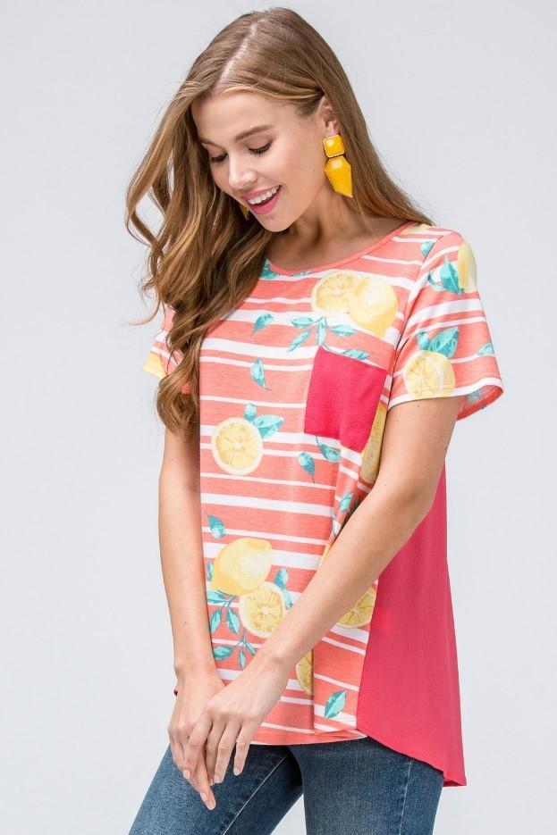 Striped Lemon Print Pocket Tee by Entro