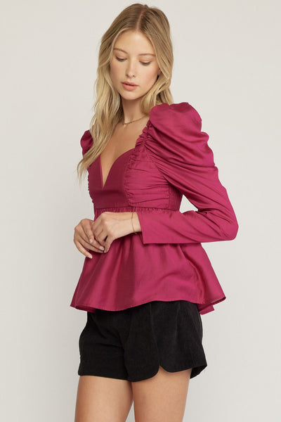 Sweetheart Neck Puff Shoulder Long Sleeve Top by Entro Clothing