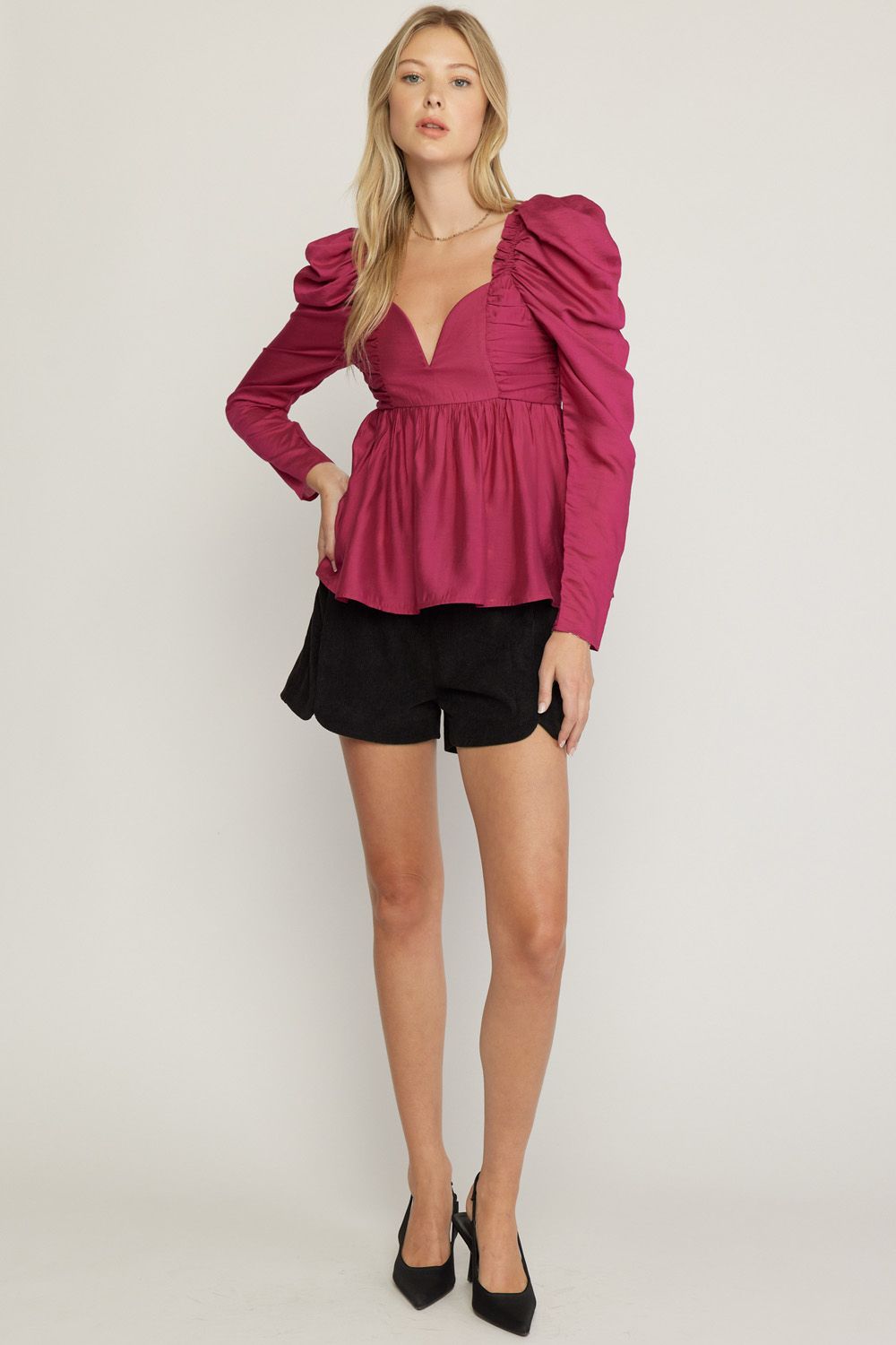 Sweetheart Neck Puff Shoulder Long Sleeve Top by Entro Clothing