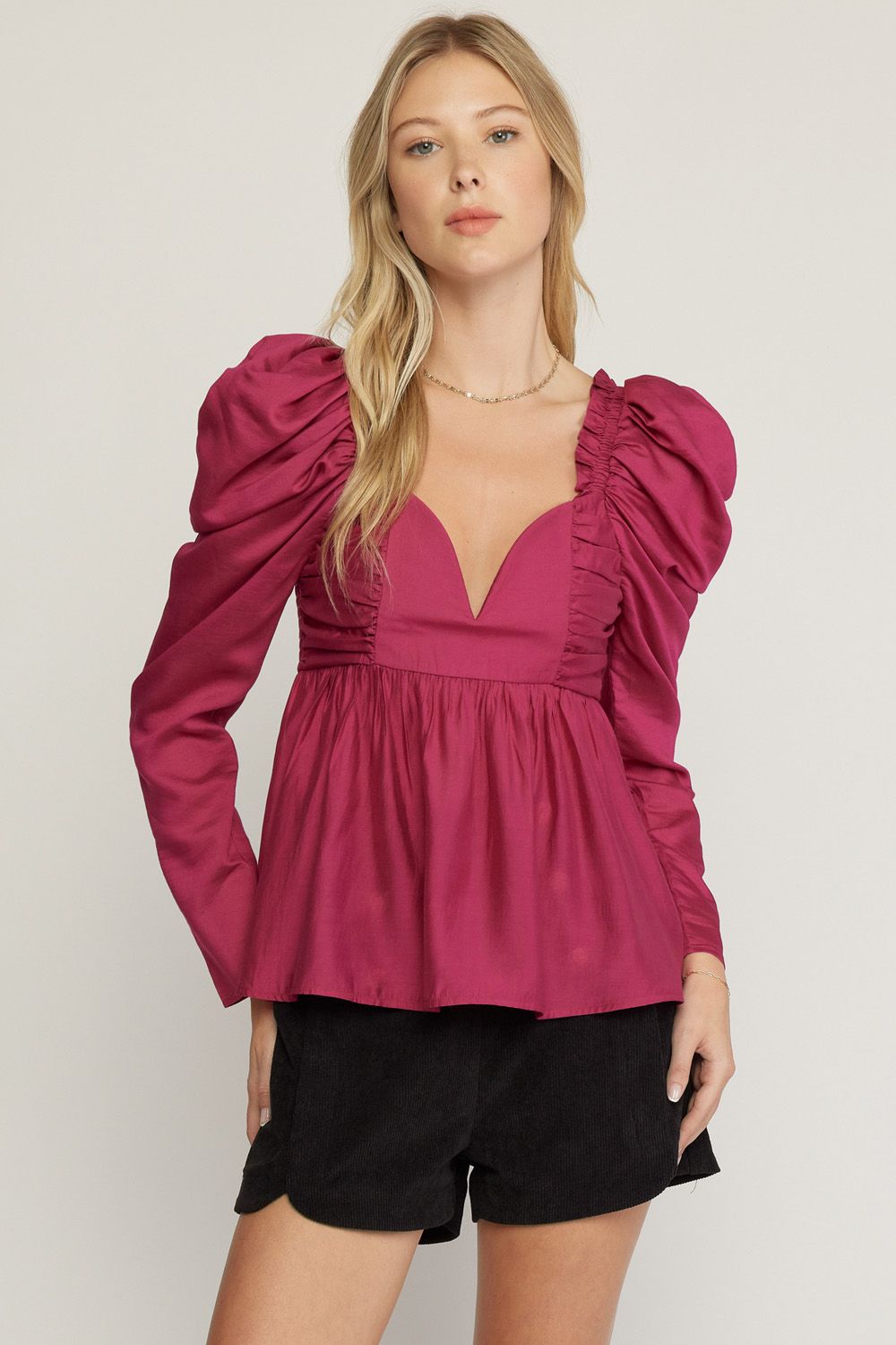 Sweetheart Neck Puff Shoulder Long Sleeve Top by Entro Clothing