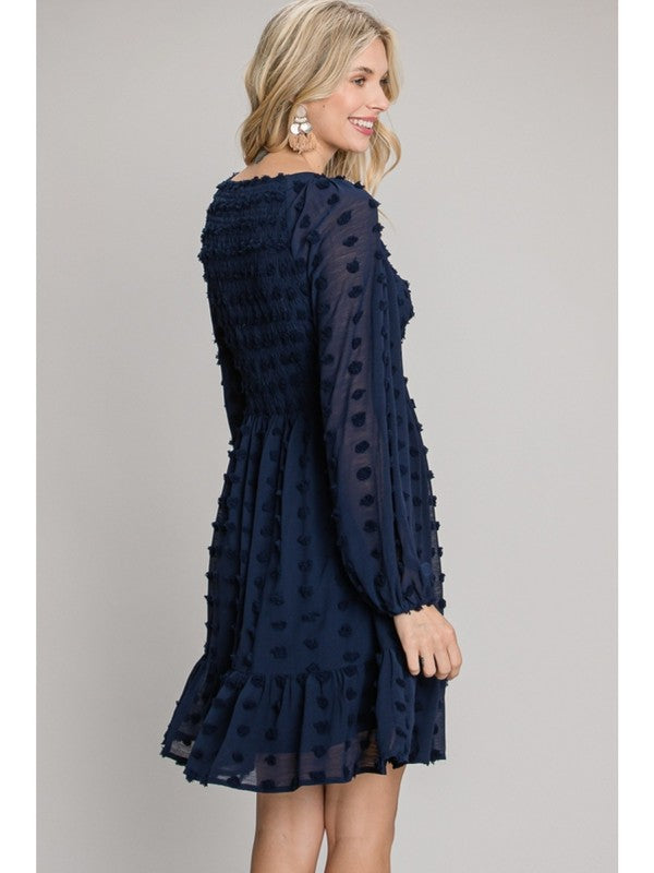 Jodifl Clothing Swiss Dot Smocked Bodice Navy Babydoll Dress S