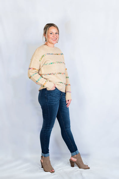 Taupe Sweater with Multi Color Exposed Stitching by BiBi Collection