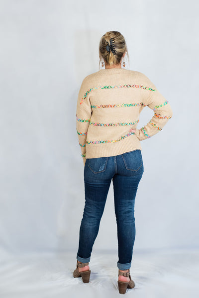 Taupe Sweater with Multi Color Exposed Stitching by BiBi Collection