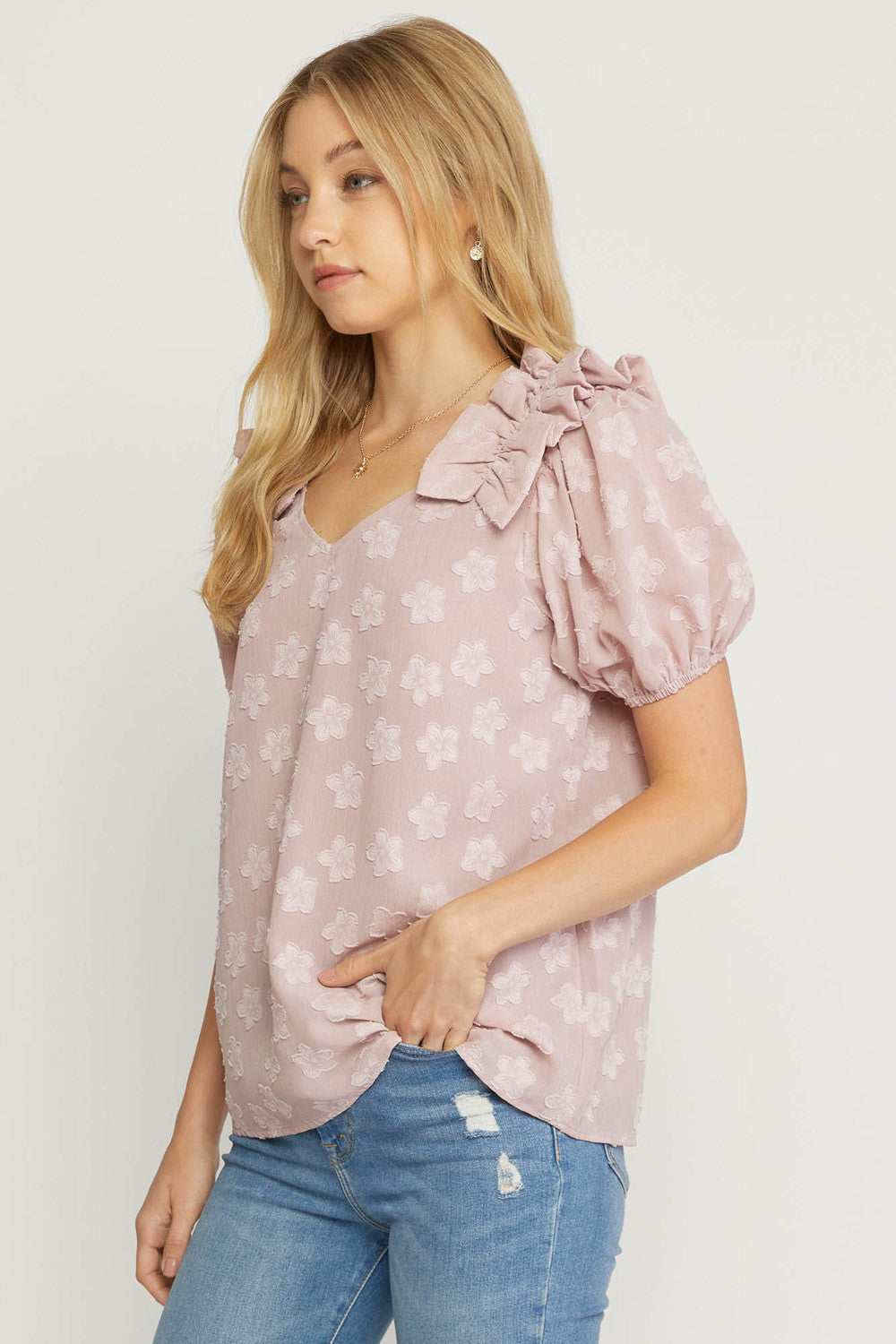 Textured Puff Sleeve Top with Ruffle Shoulder Detail by Entro Clothing