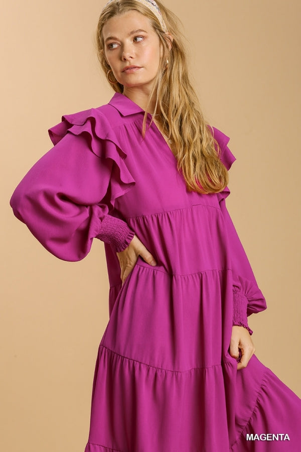 Tiered Long Sleeve Maxi Dress with Ruffle Shoulder Detail by Umgee Clothing