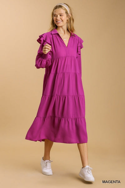 Tiered Long Sleeve Maxi Dress with Ruffle Shoulder Detail by Umgee Clothing