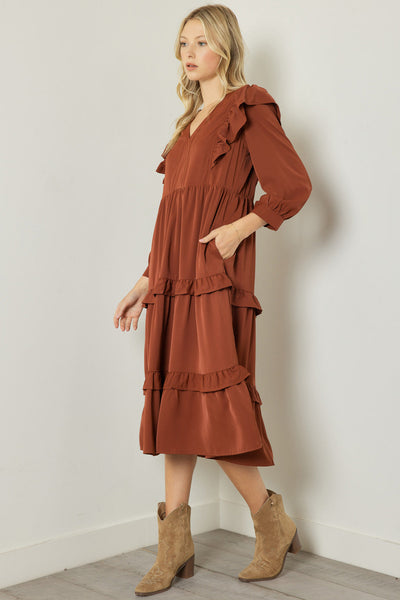 Tiered Long Sleeve V-Neck Midi Dress with Ruffle Detail by Entro Clothing