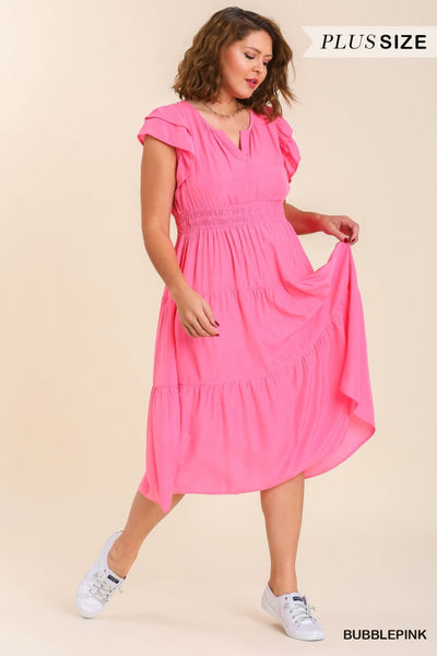 Tiered Midi Dress with Double Layer Flutter Sleeves in Plus Size by Umgee Clothing