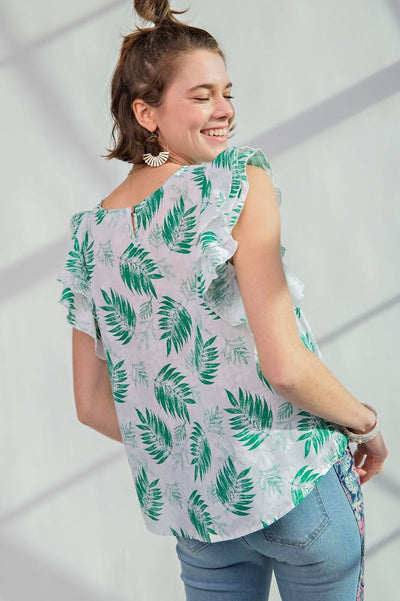 Tropical Leaf Printed Voile Ruffle Cap Sleeve Top by Easel Clothing